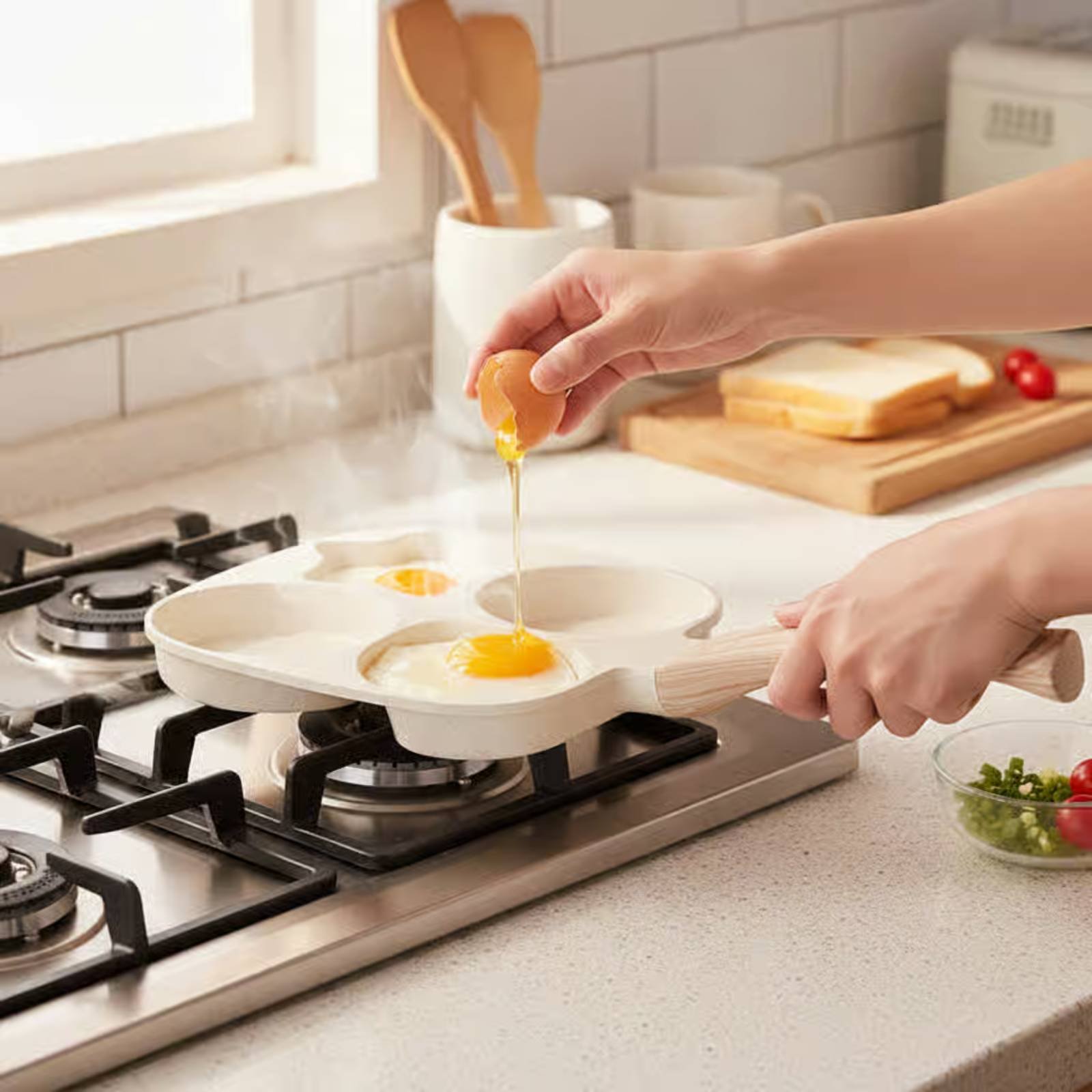 Induction Cooker - 논스틱 아침식사 팬, 오래가는 4구 프라이팬,